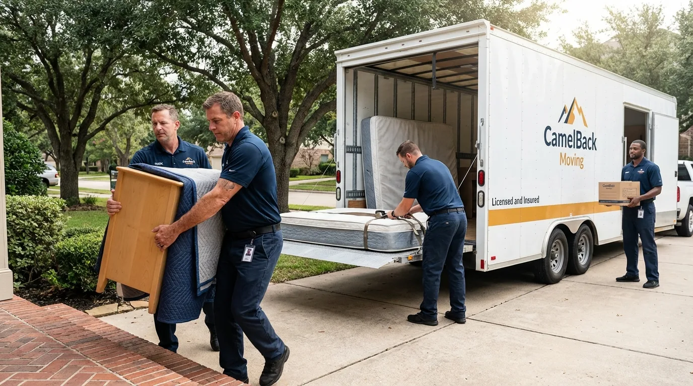 Crew loading residential truck for cross-state move from Albion, IN