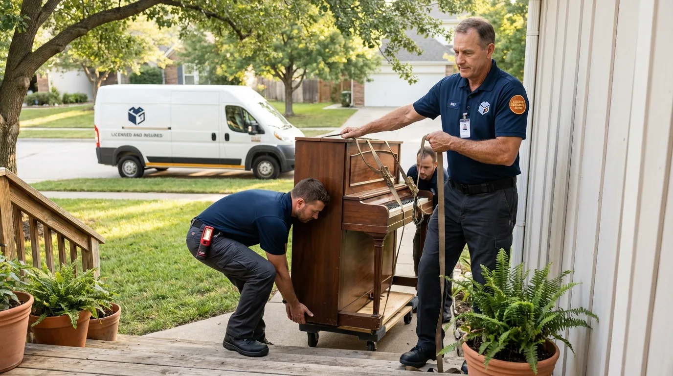 Licensed piano movers securing grand piano in Albion, IN