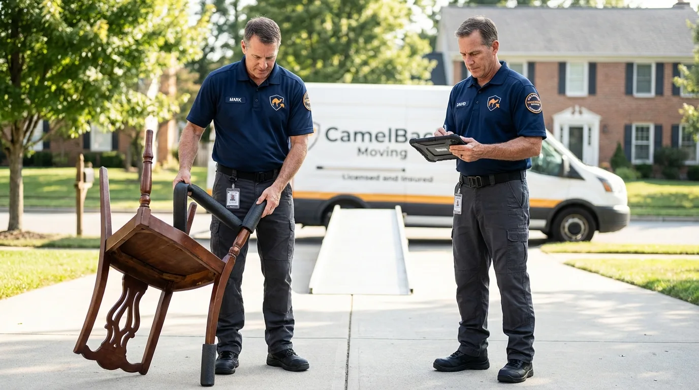 Movers inspecting furniture for damage prevention before loading in Albion, IN