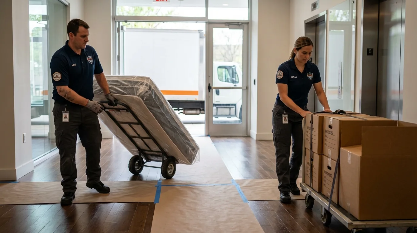 Professional apartment movers loading elevator in Albion, IN